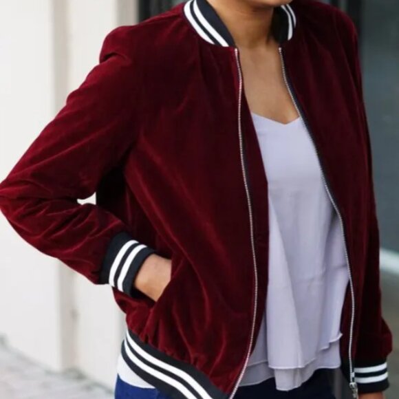 Burgundy Velvet Bomber Jacket Maroon Wine Zip Up Stripe Trim Streetwear Large - Picture 2 of 14